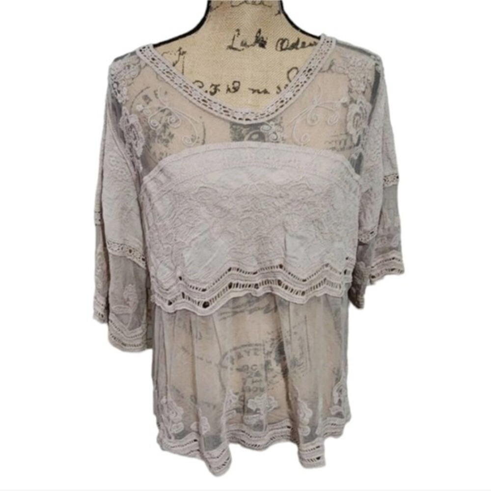 Rebellion Women 3X Taupe Lace Mesh Embroidered Tiered Boho Top Plus‎ Size NEW